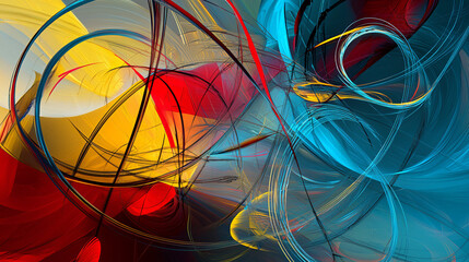 Fototapeta premium A colorful abstract painting featuring an energetic dynamic composition of swirling shapes and bright hues creating visual excitement.