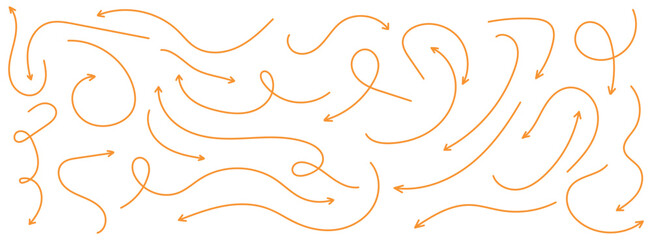 Hand drawn curved, doodle, and zigzag dotted arrow collection. Simple directional lines in orange color. Hand drawn arrows icons vector design.