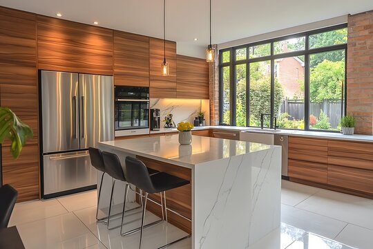 Contemporary kitchen with a sleek island, high-end appliances, and minimalist design, creating a functional and stylish space for culinary creativity