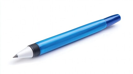Close-up of a sleek blue pen with a modern design on a white background.