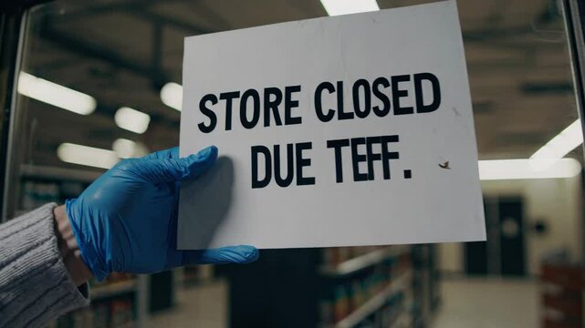 Employee placing store closed sign due to theft