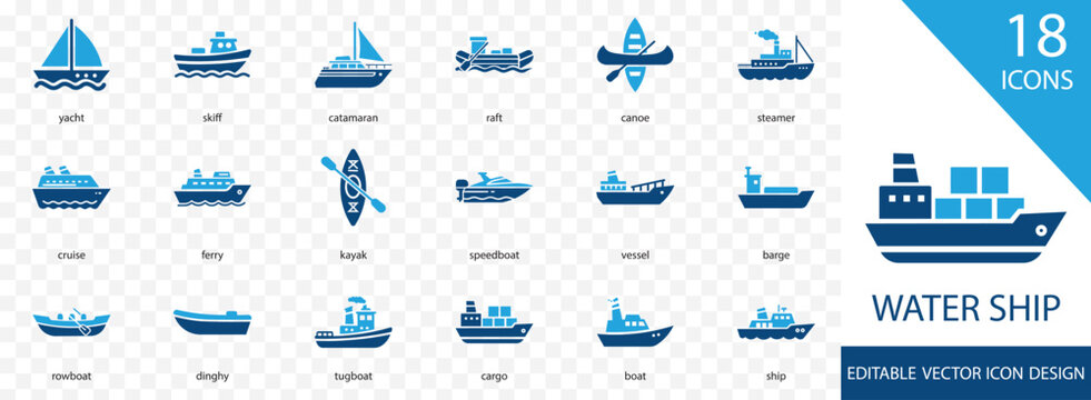 Water ship icon collection set. with Ship, Boat, Vessel, Sail, Ferry, Cargo, Barge, Yacht, Dinghy and more illustration