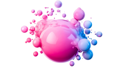 Splatter pink and blue liquid on a black background, cut out transparent
