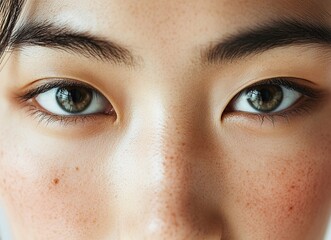 Obraz premium Close-up of a beautiful Asian woman's face, white background, beauty portrait skin care product advertisement, smooth skin tone, healthy glow, close-up, visible skin pores, professional photography,