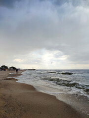 Rain and storm at sea. Dark storm clouds, rain and sea surface. Nature. Natural background. Stormy weather. Storm at sea. Big rain clouds