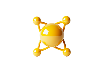 Yellow atom with central nucleus and electrons, cut out transparent