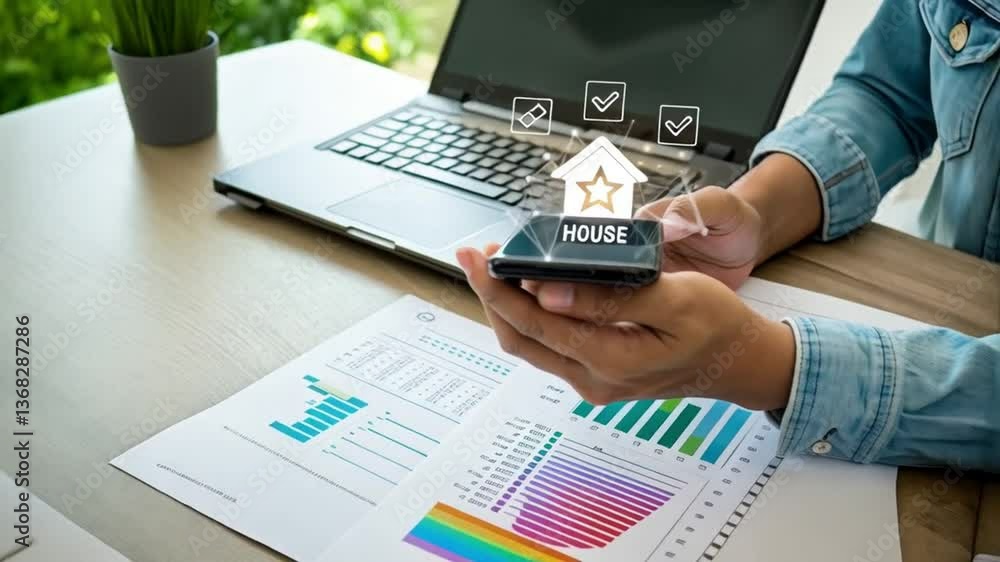 Poster person holds phone with house icon above it near laptop and graphs on desk in bright setting