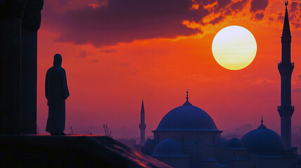Sunset mosque silhouette Muslim religion concept