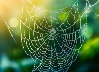 Fototapeta premium Close-up of a spider web with dew drops on it, blurry background of a green forest in the distance, macro photography, stock photo. 