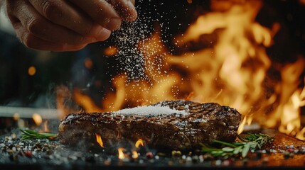 close-up seasoning meat cooking