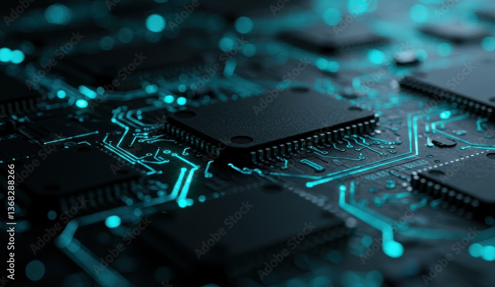 Poster close-up of circuit board showing microchips with glowing blue lights, highlighting technology conce