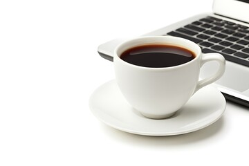 Coffee break with laptop. White cup of coffee on the laptop keyboard, working and relaxing