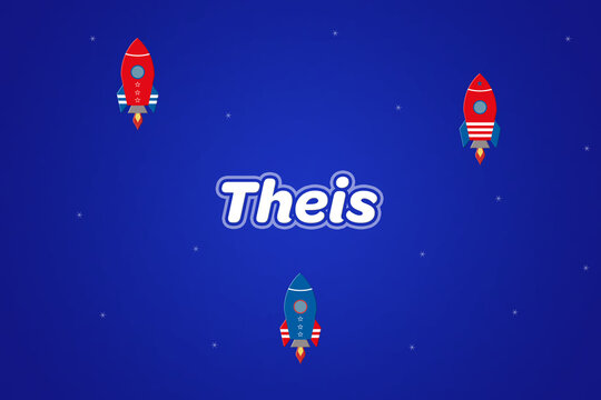 Theis male boy name illustration in blue with rockets.
