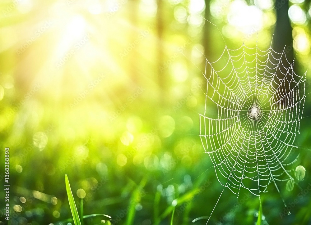 Wall mural close-up of a spider web with dew drops on it, blurry background of a green forest in the distance, 