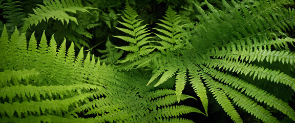 Lush Green Fern Fronds in Forest Nature Background Texture Image