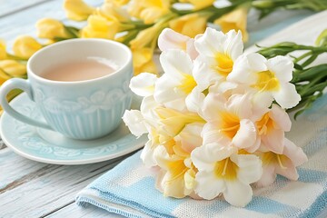 Serene Morning Tea and Freesia Flowers on a Rustic Table.