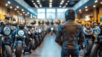 Customer in leather jacket and protective helmet in motorbike shop is picking out a new touring bikes. Back view. Touring bikes are ready for sale.
