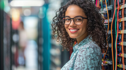 Portrait of a smiling young female IT specialist with curly hair and glasses standing confidently in a modern data center server room beside network racks