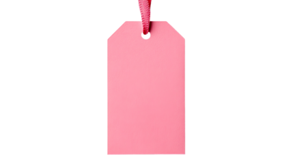 Blank pink price tag hanging from a ribbon, isolated against black, cut out transparent