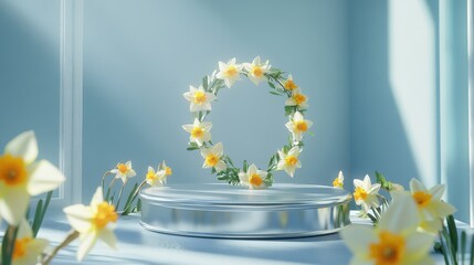 A serene display featuring a floral wreath of daffodils on a reflective surface.