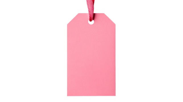 Blank pink price tag hanging from a ribbon, isolated against black, cut out transparent - Powered by Adobe