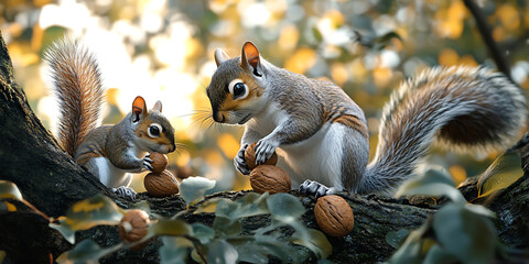Obraz premium Family of Squirrels Gathering Nuts in a Golden Autumn Forest Background for Seasonal Art, Cozy Nature Scenes, or Wildlife Illustrations