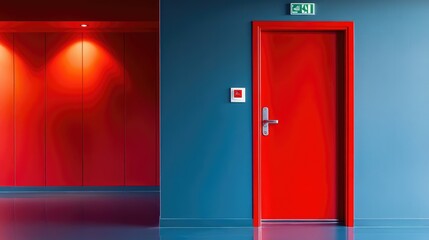 Bright red door in modern hallway with blue walls, illuminated by soft lights, suggesting a contemporary design