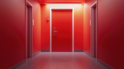 Bright red hallway with two elevator doors and a central door, creating a modern and vibrant atmosphere