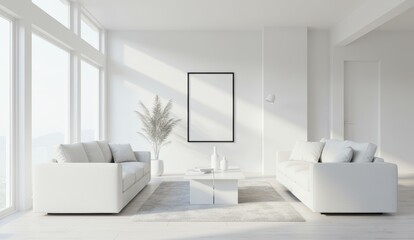 Fototapeta premium Modern living room with white sofas and minimalist decor bathed in natural light. Home decor, tranquility, lifestyle.