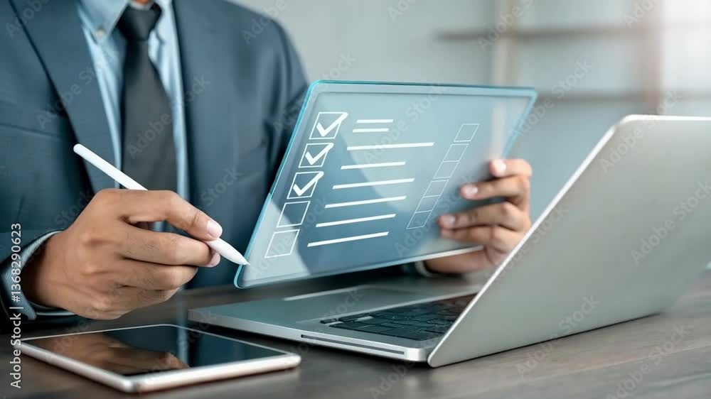 Poster Person using digital pen on tablet with checklist over laptop for task management and productivity