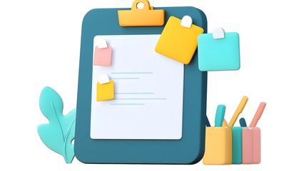 A 3D of a modern report clipboard featuring a white document and a variety of colorful sticky notes and papers attached creating a visually appealing and professional workspace setup