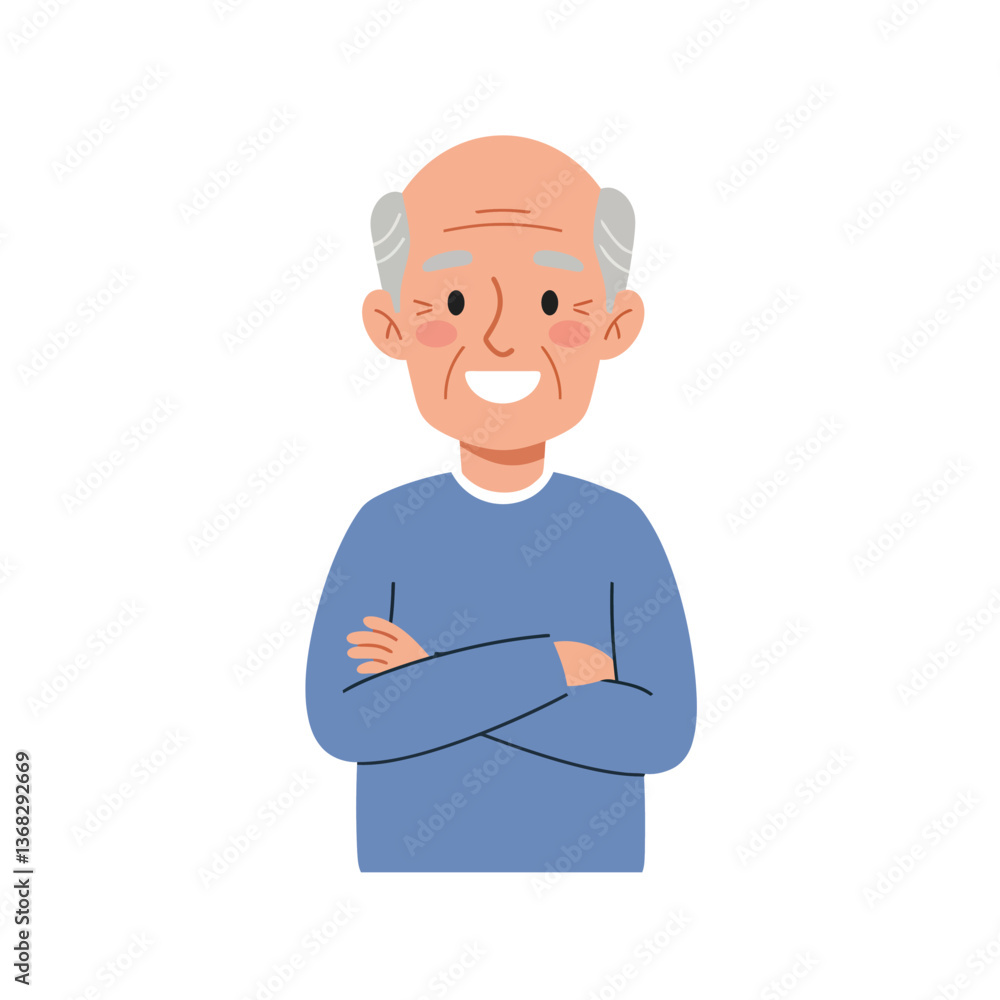 Poster smiling elderly man in casual attire with crossed arms in flat vector art