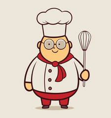 Cartoon Chef in White Uniform with Whisk and Red Neckerchief - Cute Vector Illustration with Smiling Expression.