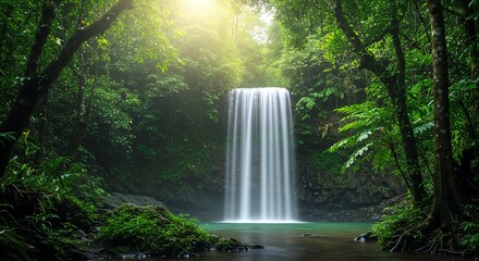 Serene Waterfall Cascades Sunlight Lush Green Forest. AI Generated