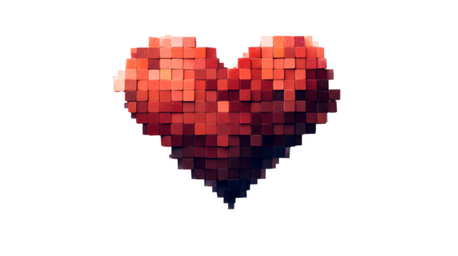 Pixelated Red Heart Made of Cubes on Black Background, cut out transparent