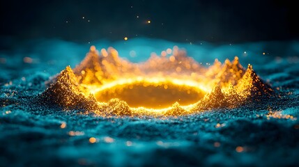 An abstract futuristic digital artwork featuring a surreal interplay of glowing turquoise and shimmering gold tones creating a mesmerizing cosmic landscape on a modern 3D surface