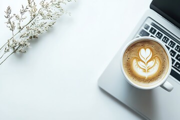 Latte art on laptop with decorative floral elements for a cozy workspace aesthetic