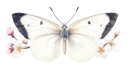 Gentle Butterfly and Cherry Blossom Scene in Pastel Watercolors