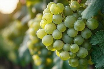 Close-up of green grapes hanging on vine in sunlight  
