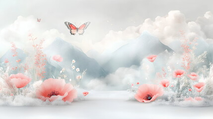 Soft and Artistic Watercolor of a Butterfly and Poppies