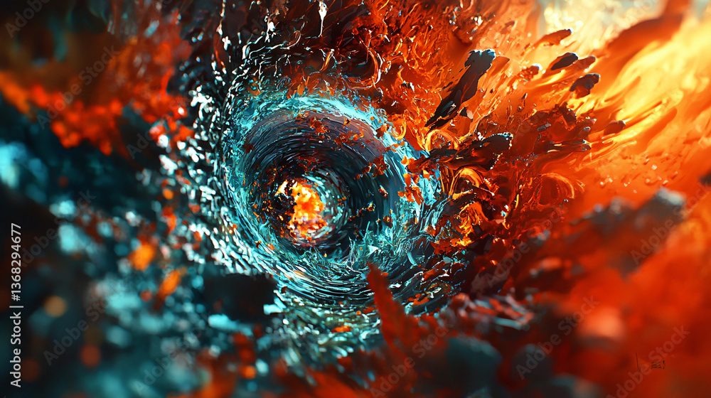 Poster dynamic fusion of fire and water in a swirling pattern of angular and circular shapes representing c