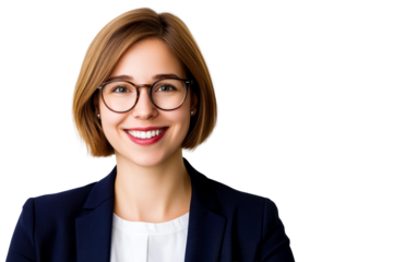 Smiling Businesswoman, short bob haircut, glasses, white teeth, cut out transparent