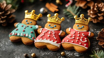 Obraz premium Festive gingerbread cookies shaped like kings, adorned with colorful icing and decorative golden crowns for Christmas joy.