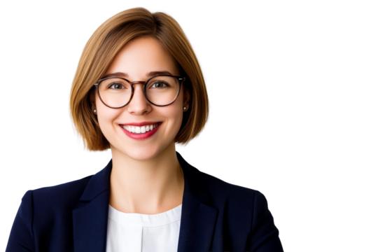 Smiling Businesswoman, short bob haircut, glasses, white teeth, cut out transparent