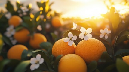A vibrant orange grove with blossoms at sunset.