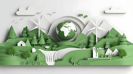 A layered paper craft depicting a thriving sustainable environment with the Earth at its center encircled by lush forests cascading waterfalls and renewable energy sources such as wind turbines