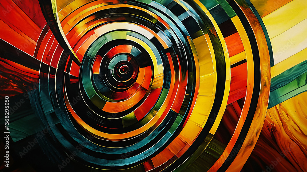 Aufkleber colorful abstract painting featuring layered angular and circular shapes in a vibrant composition th