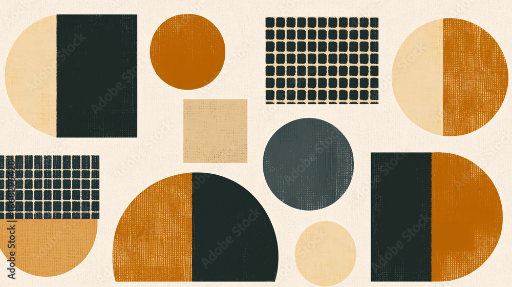 Poster unique pattern featuring a combination of circles and squares with angular and circular shapes creat