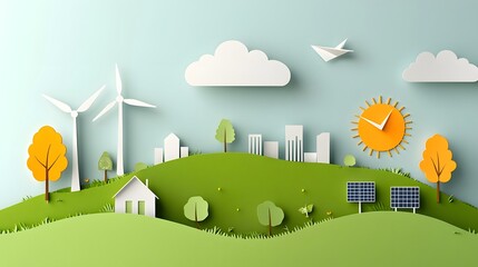 Vibrant paper cut style landscape showcasing a green city powered by renewable energy sources like wind turbines and solar panels symbolizing a sustainable and environmentally friendly future