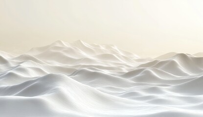 Abstract, soft, white mountain range landscape.  Gentle, flowing contours create a serene, minimalist scene.  Soft light bathes the scene in a calming, ethereal glow